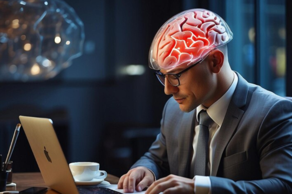 A person looking overwhelmed by digital devices, representing the concept of brain rot and information overload