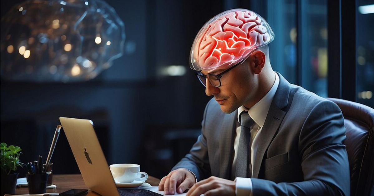 A person looking overwhelmed by digital devices, representing the concept of brain rot and information overload