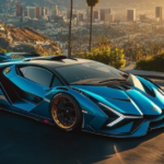 Lamborghini Gold Coast Blu Eleos in striking blue color parked in an urban setting