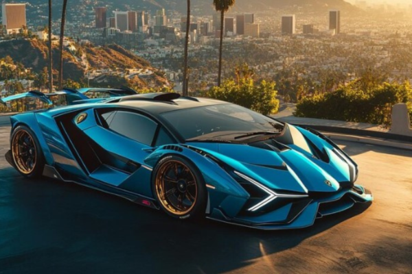 Lamborghini Gold Coast Blu Eleos in striking blue color parked in an urban setting