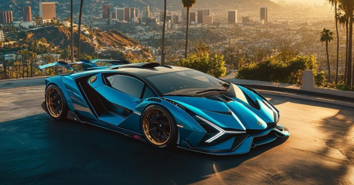 Lamborghini Gold Coast Blu Eleos in striking blue color parked in an urban setting