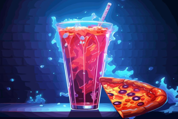 A delicious slice of pizza paired with a refreshing Powerade drink on a wooden table