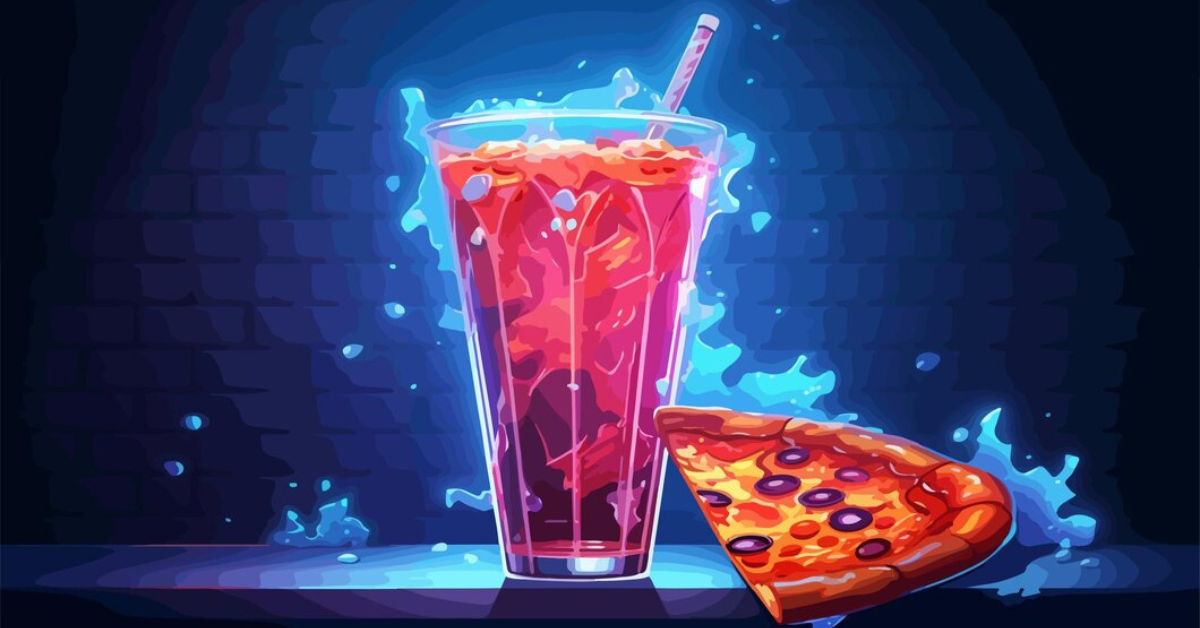 A delicious slice of pizza paired with a refreshing Powerade drink on a wooden table