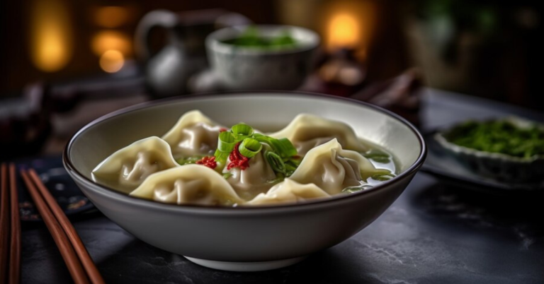 Delicious bowl of Subgum Wonton in savory broth, garnished with green onions and cilantro