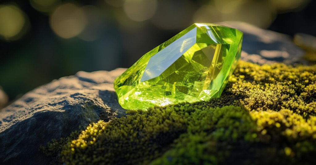 Vibrant green peridot gemstone on a white background