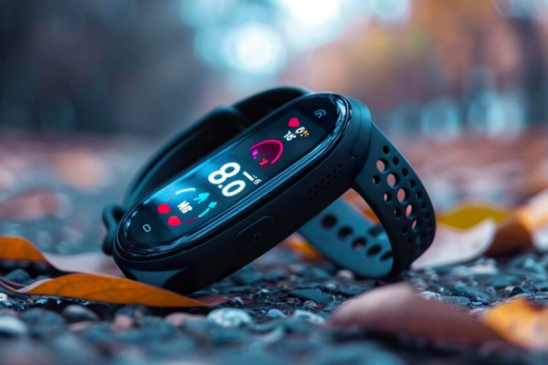 Ye Tracker fitness device displaying health metrics like activity, sleep, and stress monitoring on a sleek wearable screen