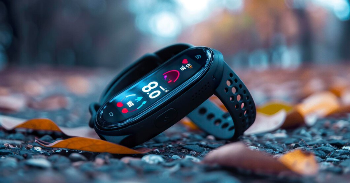 Ye Tracker fitness device displaying health metrics like activity, sleep, and stress monitoring on a sleek wearable screen